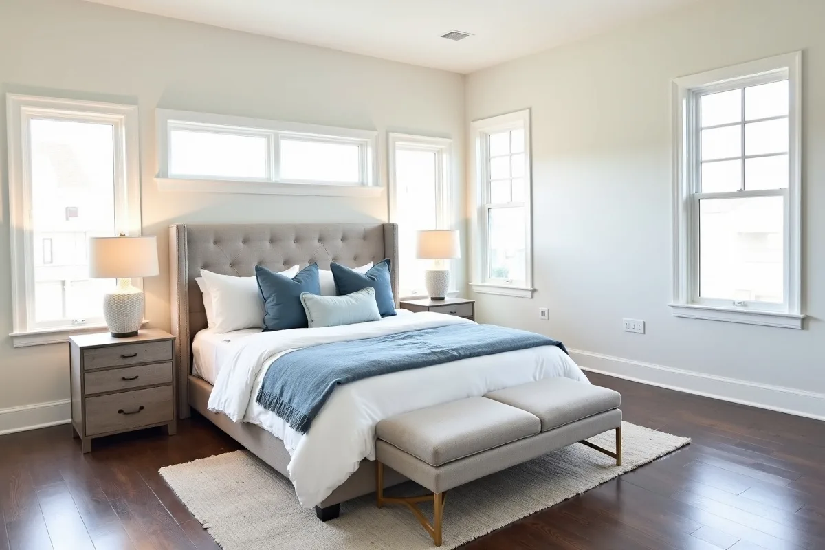 A staged guest bedroom with a neutral upholstered bed, matching nightstands and soft blue cushions