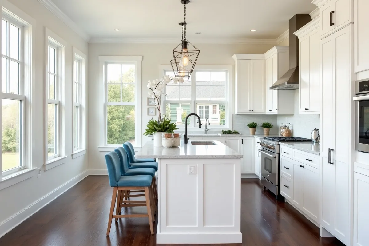 A staged kitchen with a white island, marble worktop, blue bar stools and pendant lights