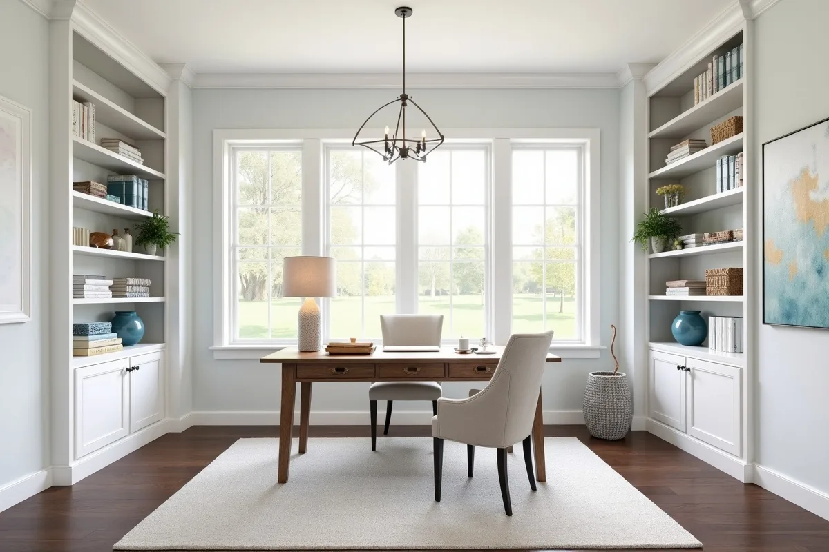 A staged home office with a wooden desk, upholstered chair, bookshelves and a table lamp
