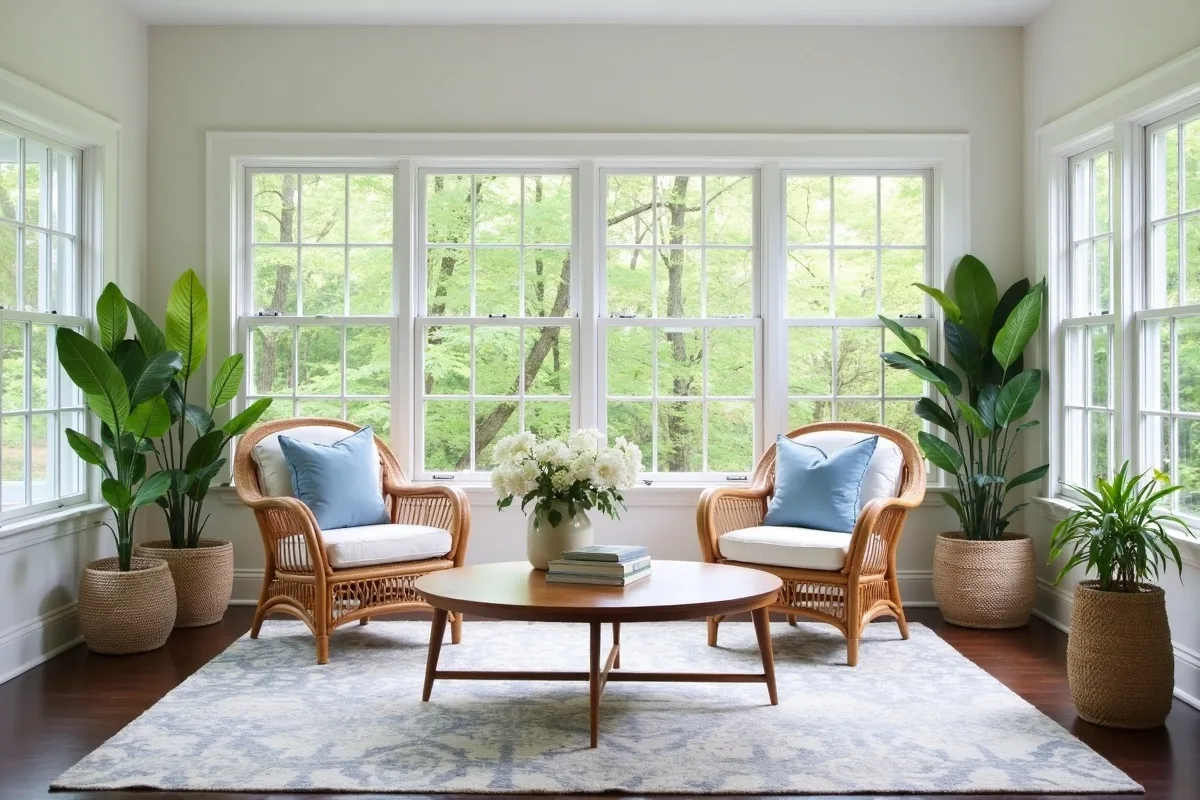 A staged sunroom with rattan armchairs, a round wooden table, potted plants and wide garden windows
