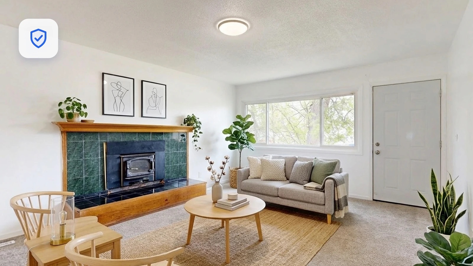 A professionally staged living room marked with a verified badge — honest virtual staging