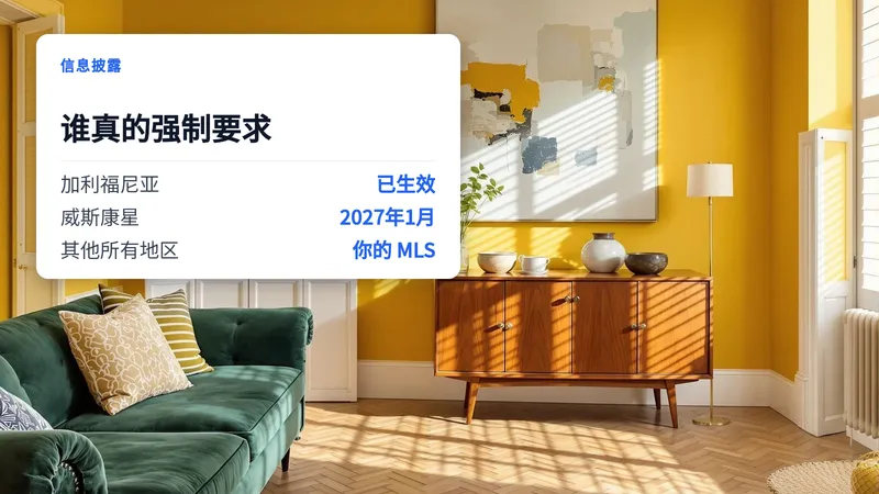 一间虚拟软装的客厅，上面叠加着一张白色卡片，标题为“到底谁在强制要求”，列出加利福尼亚州、威斯康星州和其余各州