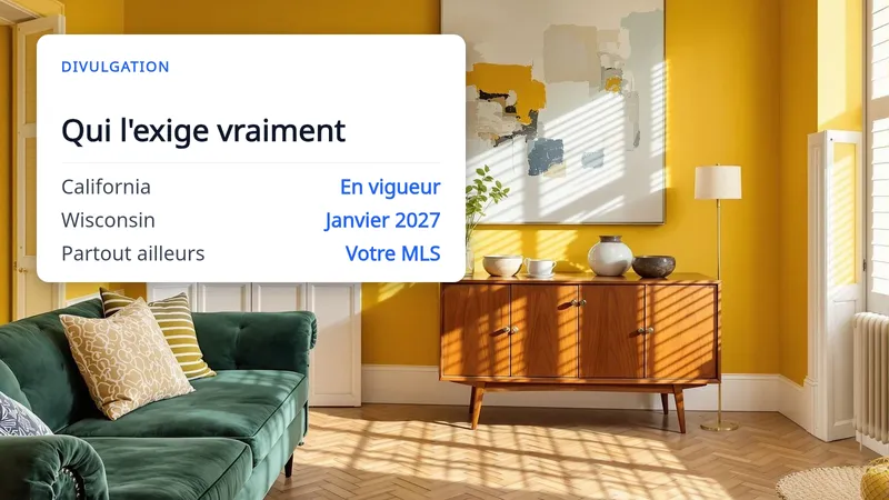 Un salon en home staging virtuel recouvert d’une carte blanche titrée « Qui l’exige vraiment », listant la Californie, le Wisconsin et tous les autres États