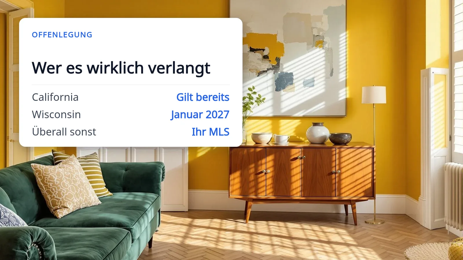 Ein virtuell gestagtes Wohnzimmer mit tiefgrünen Wänden und einem Samtsofa, darüber eine weiße Karte mit der Überschrift „Wer es tatsächlich verlangt“, die Kalifornien als bereits geltend, Wisconsin ab Januar 2027 und überall sonst Ihr MLS nennt