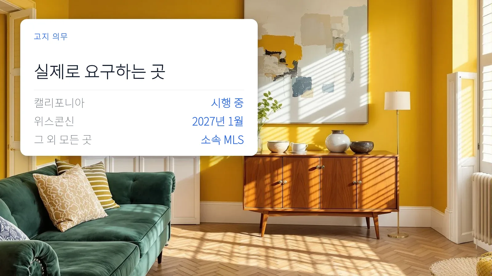짙은 녹색 벽과 벨벳 소파로 버추얼 스테이징한 거실 위에 “실제로 요구하는 곳”이라는 제목의 흰색 카드가 겹쳐져, 캘리포니아는 현재 시행 중, 위스콘신은 2027년 1월부터, 그 밖의 모든 곳은 MLS라고 표시되어 있다