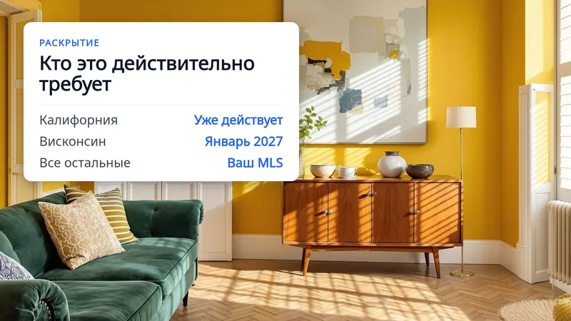 Гостиная после виртуального хоум-стейджинга, поверх — белая карточка с заголовком «Кто действительно этого требует» и списком: Калифорния, Висконсин и все остальные штаты