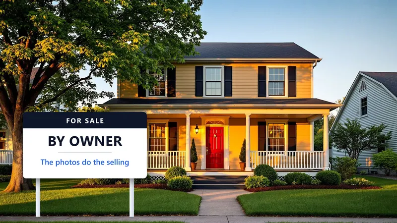 A yellow two-storey house at golden hour with a “For Sale By Owner” sign in the front lawn