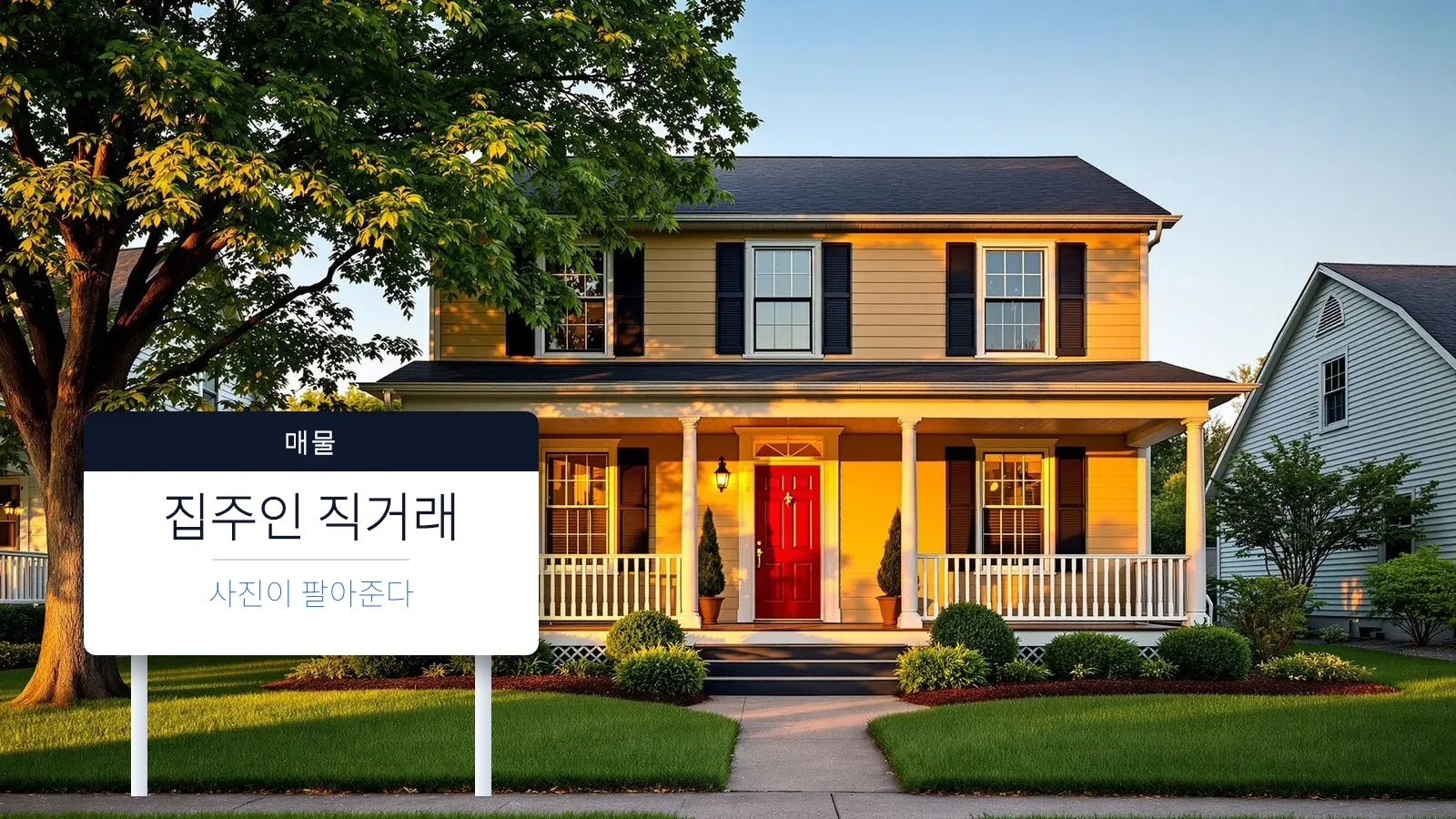 황금빛 저녁 햇살 속 지붕이 덮인 현관과 빨간 대문을 갖춘 노란색 2층 주택, 앞마당 잔디밭에 “The photos do the selling”이라고 적힌 “For Sale By Owner” 표지판이 꽂혀 있다