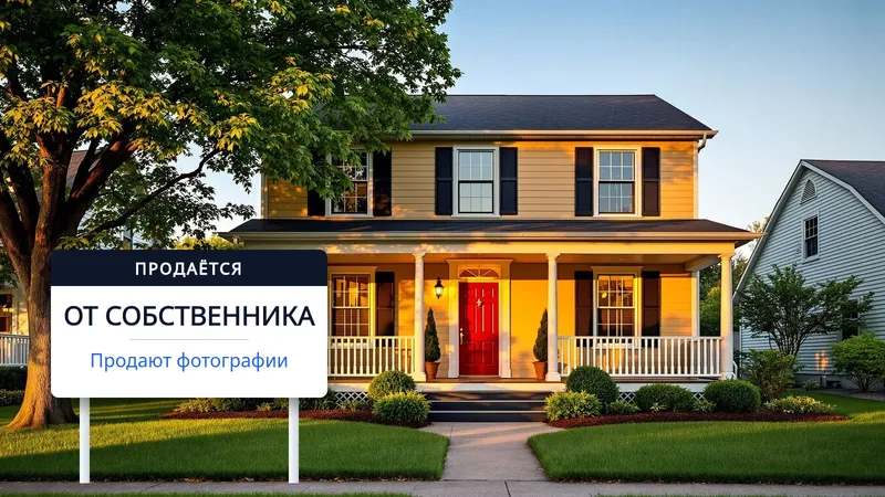Жёлтый двухэтажный дом в золотой час с табличкой «For Sale By Owner» на газоне перед входом и надписью «Продают фотографии»