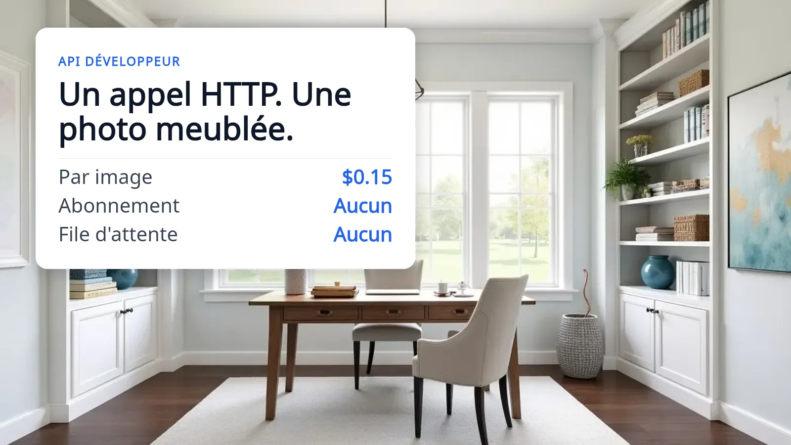 Un bureau à domicile meublé avec un plan de travail en bois et des étagères encastrées, sur lequel se superpose une carte blanche intitulée « Un appel HTTP. Une photo meublée. » indiquant $0.15 l'image et aucun abonnement