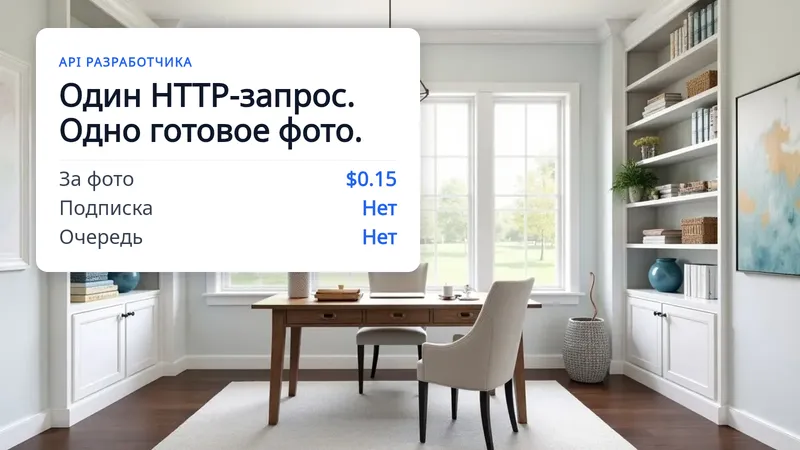 Обставленный домашний кабинет с деревянным столом и встроенными полками, поверх — белая карточка с надписью «One HTTP call. One staged photo.»