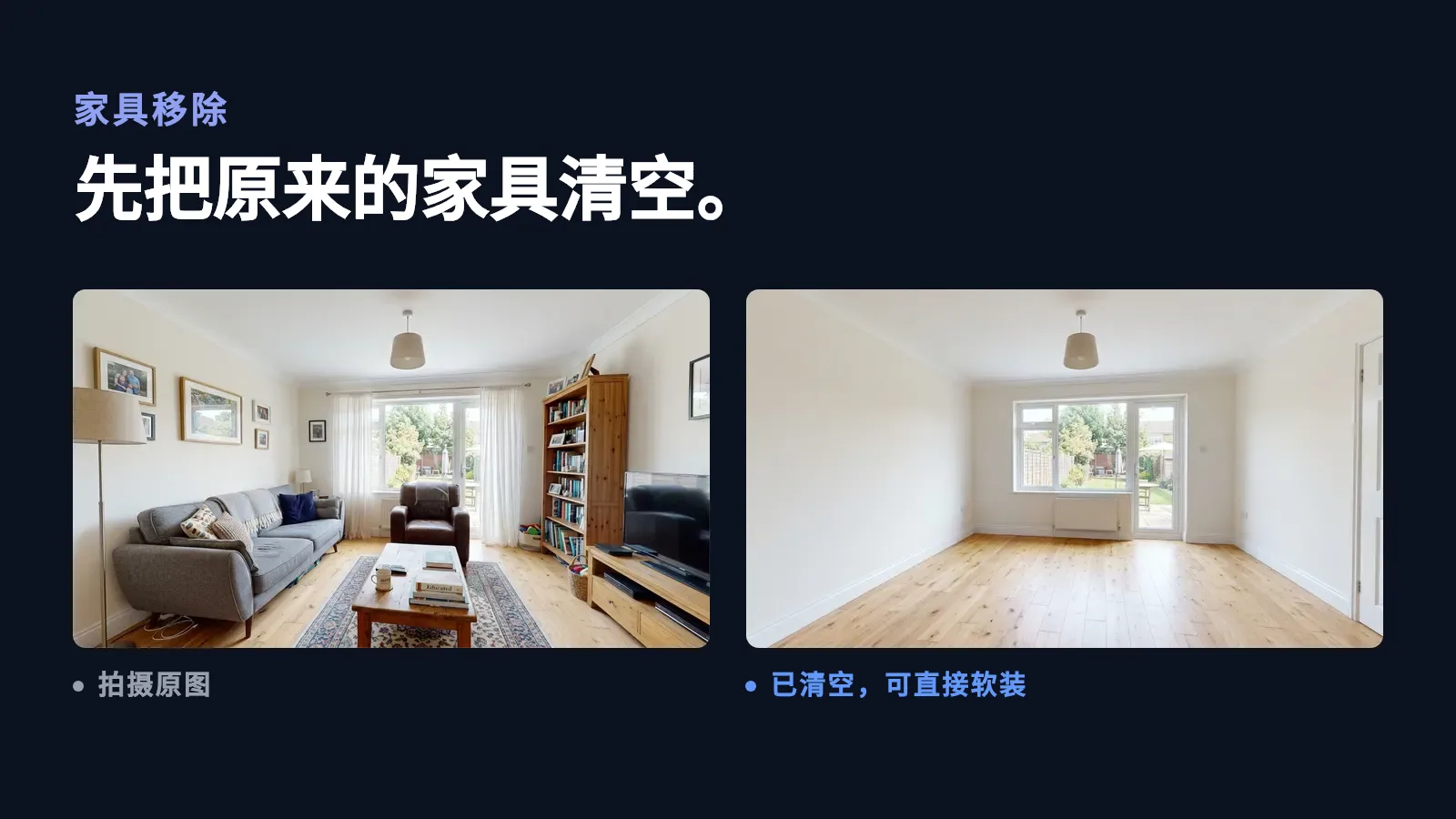 深色背景上并排放着同一间客厅的两张照片：左边是布置好的样子，有灰色沙发、带花纹的地毯、书架和墙上的全家福，标注为“拍摄原图”；右边是同一个房间，所有家具都已移除，标注为“已清空，可以做软装”