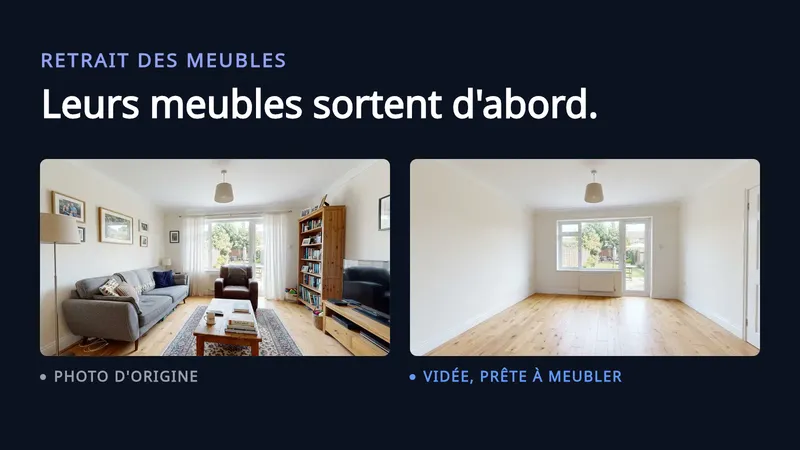 Deux photographies du même salon côte à côte sur fond sombre : à gauche, il est meublé d’un canapé gris, d’un tapis à motifs, d’une bibliothèque et de photos de famille aux murs, avec la mention « Photographié tel quel » ; à droite, la même pièce vidée de tous ses meubles, avec la mention « Vidée, prête à être meublée »