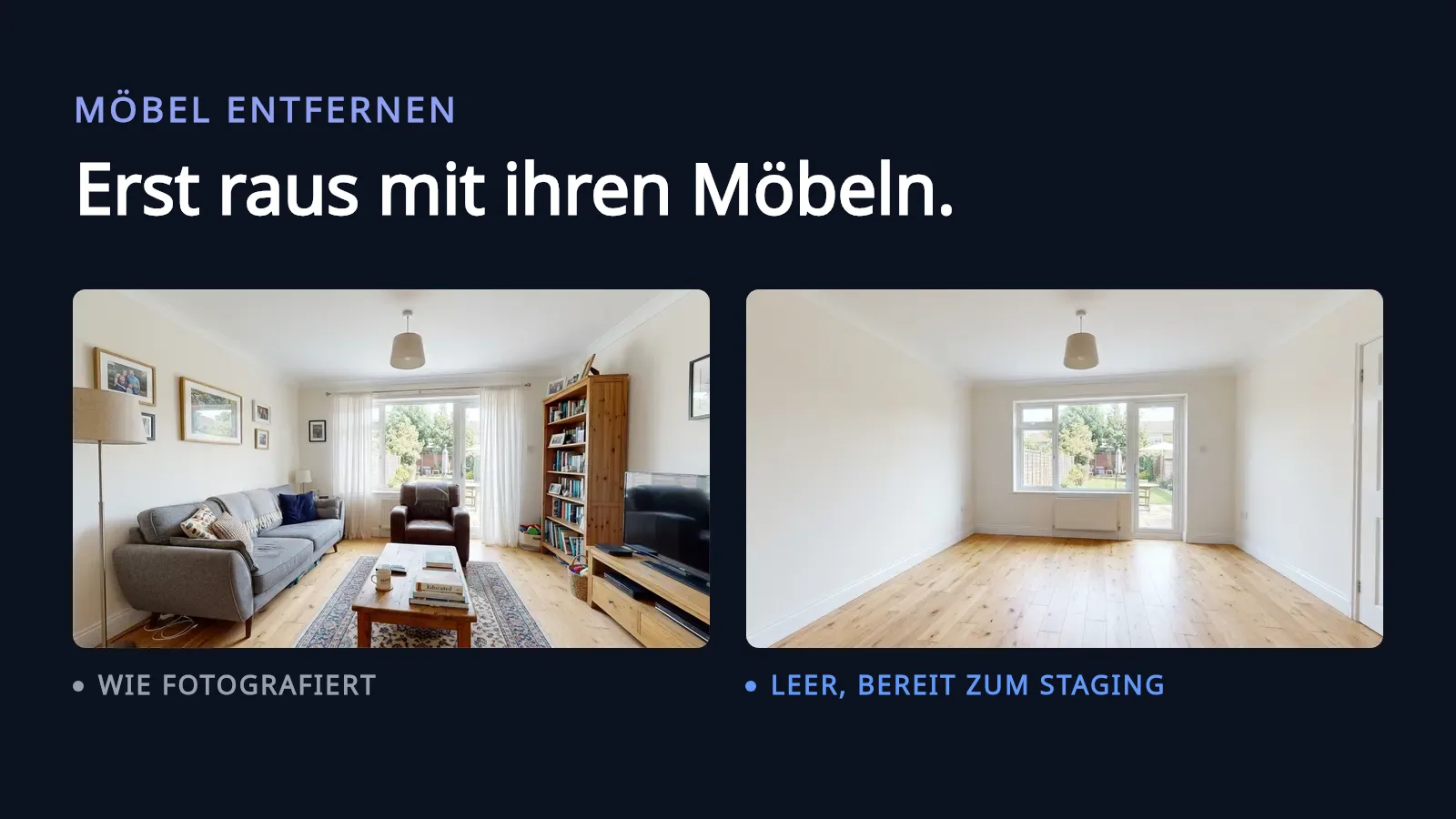 Zwei Fotos desselben Wohnzimmers nebeneinander auf dunklem Hintergrund: links eingerichtet mit einem grauen Sofa, einem gemusterten Teppich, einem Bücherregal und Familienfotos an den Wänden, beschriftet mit „So fotografiert“, und rechts derselbe Raum, aus dem jedes Möbelstück entfernt wurde, beschriftet mit „Leergeräumt, bereit fürs Staging“