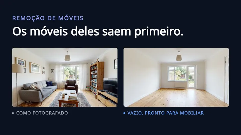 Duas fotografias da mesma sala lado a lado sobre fundo escuro: à esquerda, mobiliada com sofá cinza, tapete estampado, estante e fotos de família nas paredes, com a legenda “Como foi fotografada”; à direita, o mesmo ambiente sem nenhum móvel, com a legenda “Esvaziada, pronta para receber móveis”