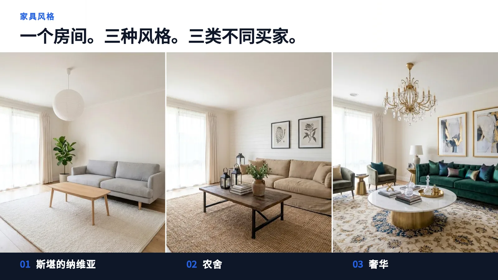 同一间空客厅在深色背景下的三张照片，采用了三种不同的布景方式：斯堪的纳维亚风格配有浅灰色沙发和浅色橡木桌，农舍风格配有亚麻沙发、黄麻地毯和再生木桌，奢华风格配有绿色天鹅绒沙发、图案地毯、大理石桌和黄铜吊灯