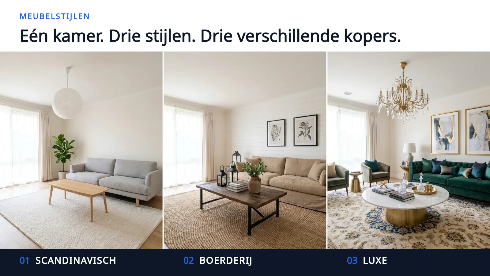 Drie foto's van dezelfde lege woonkamer, op drie verschillende manieren ingericht tegen een donkere achtergrond: een versie in de stijl Scandinavisch met een lichtgrijze bank en een licht eiken tafel, een versie in de stijl Boerderij met een linnen bank, een jute vloerkleed en een tafel van sloophout, en een versie in de stijl Luxe met een groene fluwelen bank, een gedessineerd vloerkleed, een marmeren tafel en een koperen kroonluchter