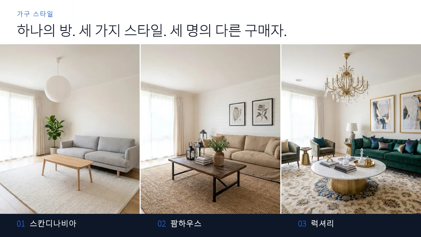 어두운 배경 위에 동일한 빈 거실을 세 가지 다른 방식으로 스테이징한 세 장의 사진: 옅은 회색 소파와 밝은 오크 테이블이 있는 스칸디나비아 버전, 리넨 소파와 황마 러그, 재생 목재 테이블이 있는 팜하우스 버전, 녹색 벨벳 소파와 무늬가 있는 러그, 대리석 테이블, 황동 샹들리에가 있는 럭셔리 버전