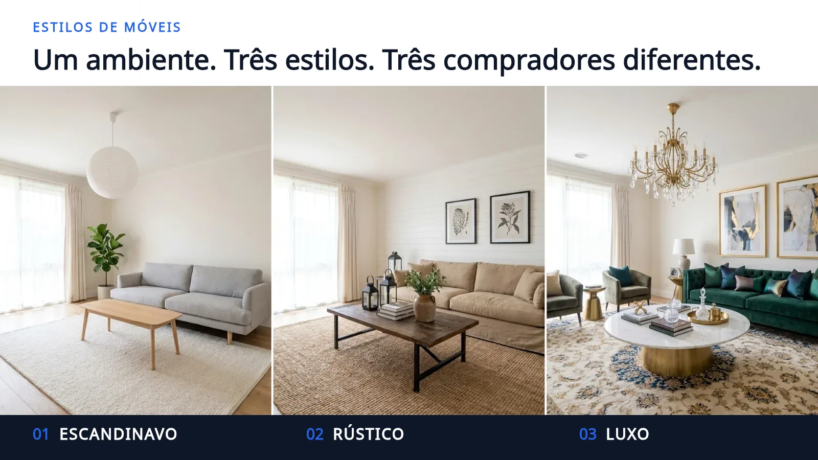 Três fotografias da mesma sala de estar vazia, decorada de três maneiras diferentes em um fundo escuro: uma versão Escandinavo com um sofá cinza claro e uma mesa de carvalho claro, uma versão Rústico com um sofá de linho, um tapete de juta e uma mesa de madeira de demolição, e uma versão Luxo com um sofá de veludo verde, um tapete estampado, uma mesa de mármore e um lustre de latão