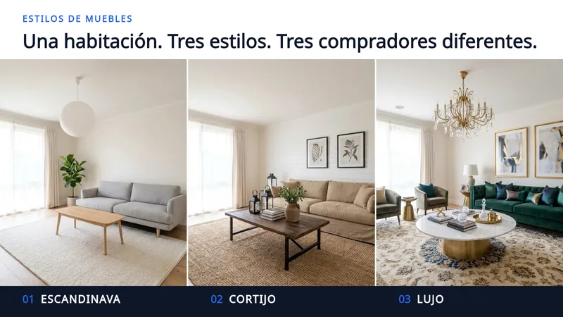 Tres fotografías del mismo salón vacío, amueblado de tres formas distintas sobre fondo oscuro: una versión Escandinava con un sofá gris pálido y una mesa de roble claro, una versión Cortijo con un sofá de lino, una alfombra de yute y una mesa de madera recuperada, y una versión Lujo con un sofá de terciopelo verde, una alfombra estampada, una mesa de mármol y una lámpara de araña de latón.