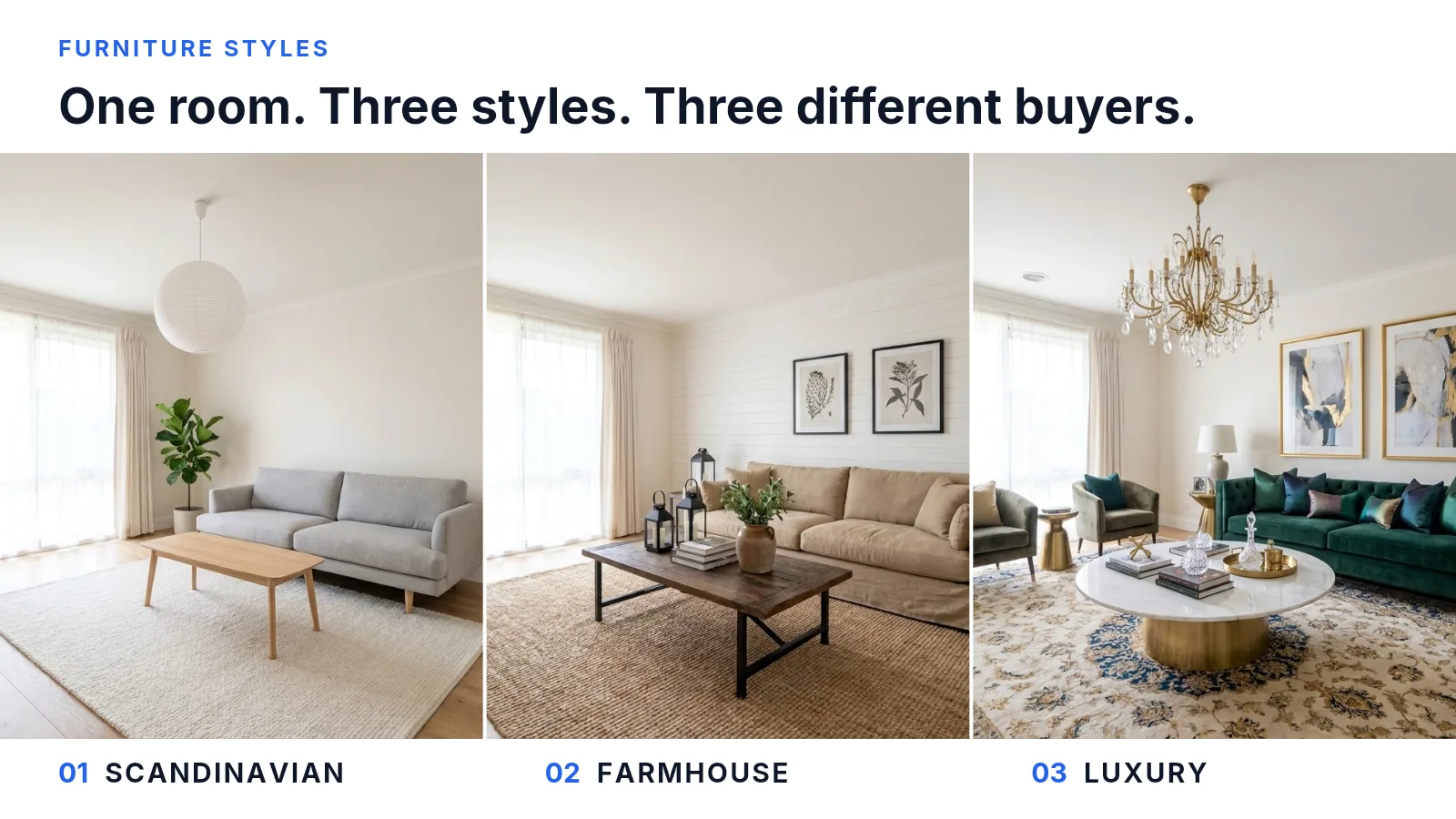 Three photographs of the same empty living room, staged three different ways on a dark background: a Scandinavian version with a pale grey sofa and a light oak table, a farmhouse version with a linen sofa, a jute rug and a reclaimed wood table, and a luxury version with a green velvet sofa, a patterned rug, a marble table and a brass chandelier