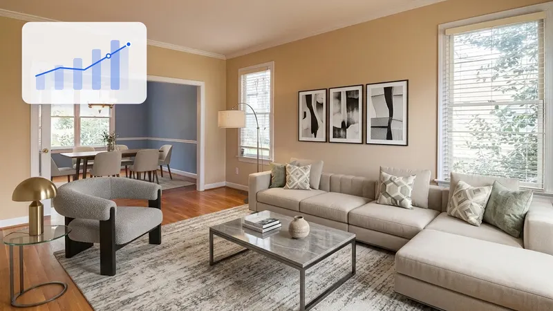 A staged living room with an upward sales-trend chart
