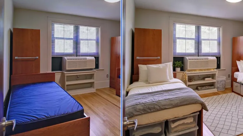 A bare dorm room beside the same room warmly furnished with rugs and string lights