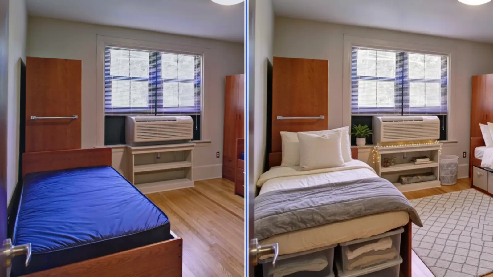 A bare university dorm room shown next to the same room warmly furnished with rugs, string lights and bedding