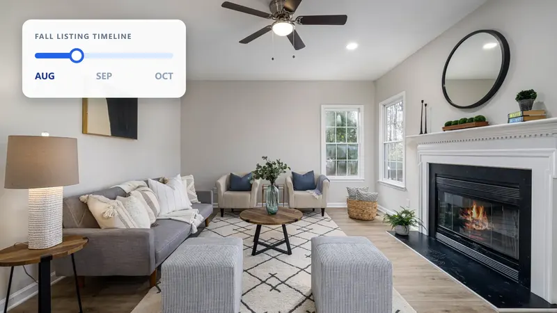 A warmly staged living room with a lit fireplace, overlaid with a fall listing timeline