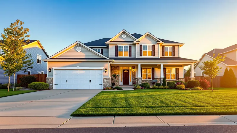 A two-storey suburban home at golden hour with a freshly mown striped lawn and an empty driveway