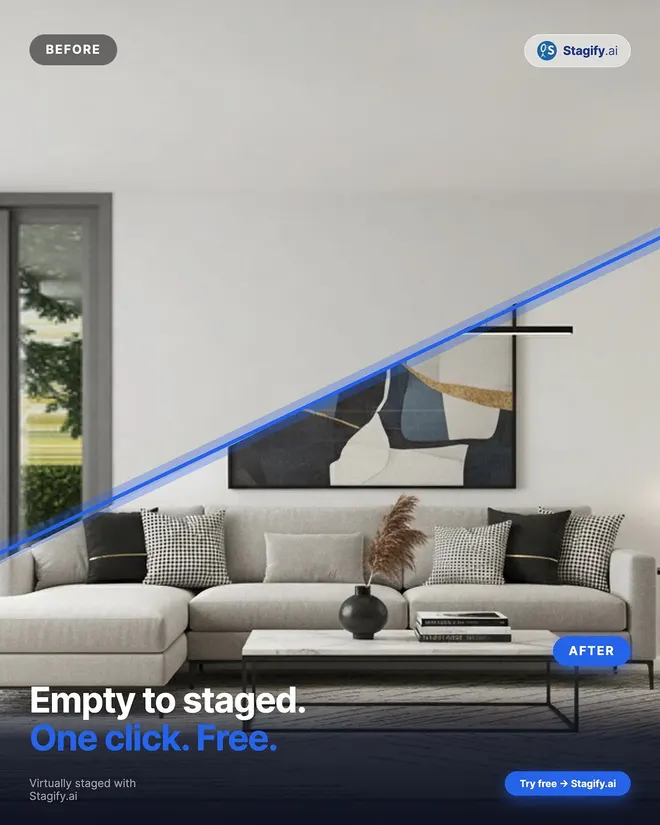 Instagram post: an empty living room beside the same room staged with a sofa, rug and artwork (opens in a new tab)