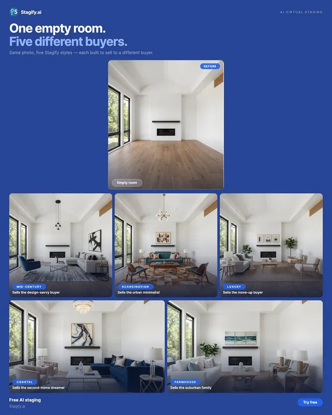 Instagram post: one empty living room staged in five different furniture styles (opens in a new tab)