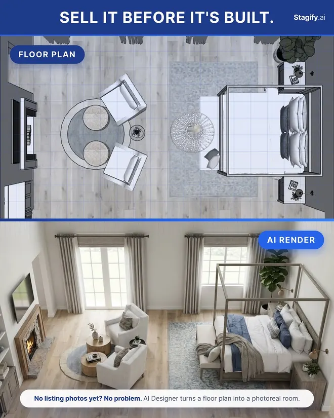 Instagram post: a furnished floor plan above the photoreal bedroom rendered from it (opens in a new tab)